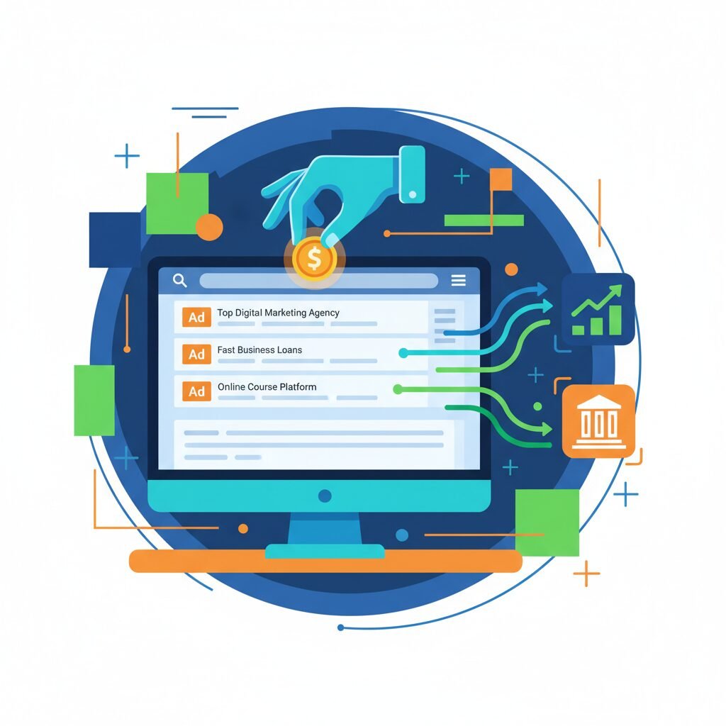 An example of pay-per-click advertising depicts a hand tossing a coin into a computer screen filled with sponsored ads, signifying paid search, bidding, traffic growth, analytics, and tracking the effectiveness of digital marketing.