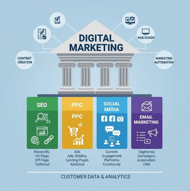 SEO, PPC, social media, email marketing, and customer data and analytics are all depicted in this infographic of the pillars of digital marketing, along with associated components like web design, content production, and automation tools.