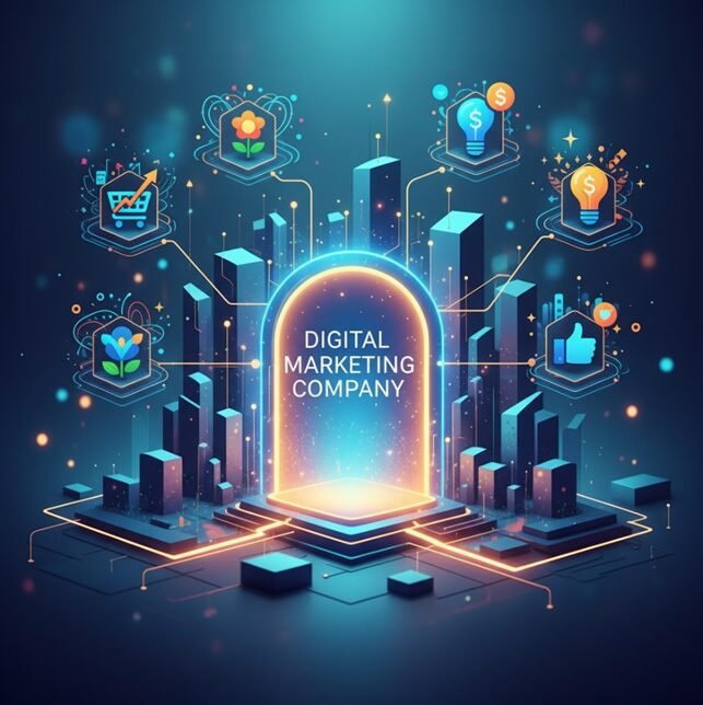 Icons of SEO, social media marketing, e-commerce, online advertising, and business growth analytics surround a futuristic digital city with a glowing portal in the best digital marketing company concept illustration.
