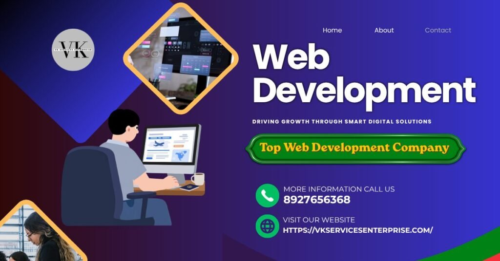 “Web development company banner with VK Services Enterprise branding, showcasing digital solutions, website development services, and contact details”